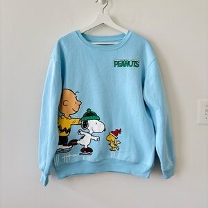 Peanuts Women’s Sky Blue Crewneck Sweatshirt - Charlie Brown, Snoopy & Woodstock